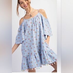EASEL Floral Cold Shoulder Strap Sundress w/Pom Pom Trim 💙🌞